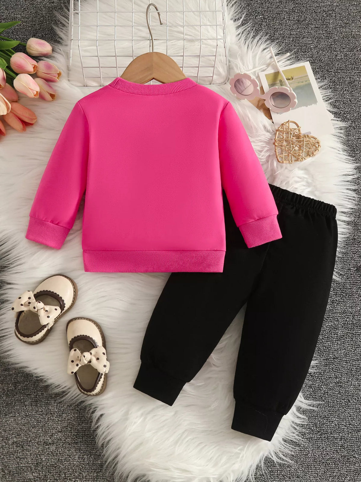 Bow embellished sweatshirt and black pants set — fuchsia outfit back