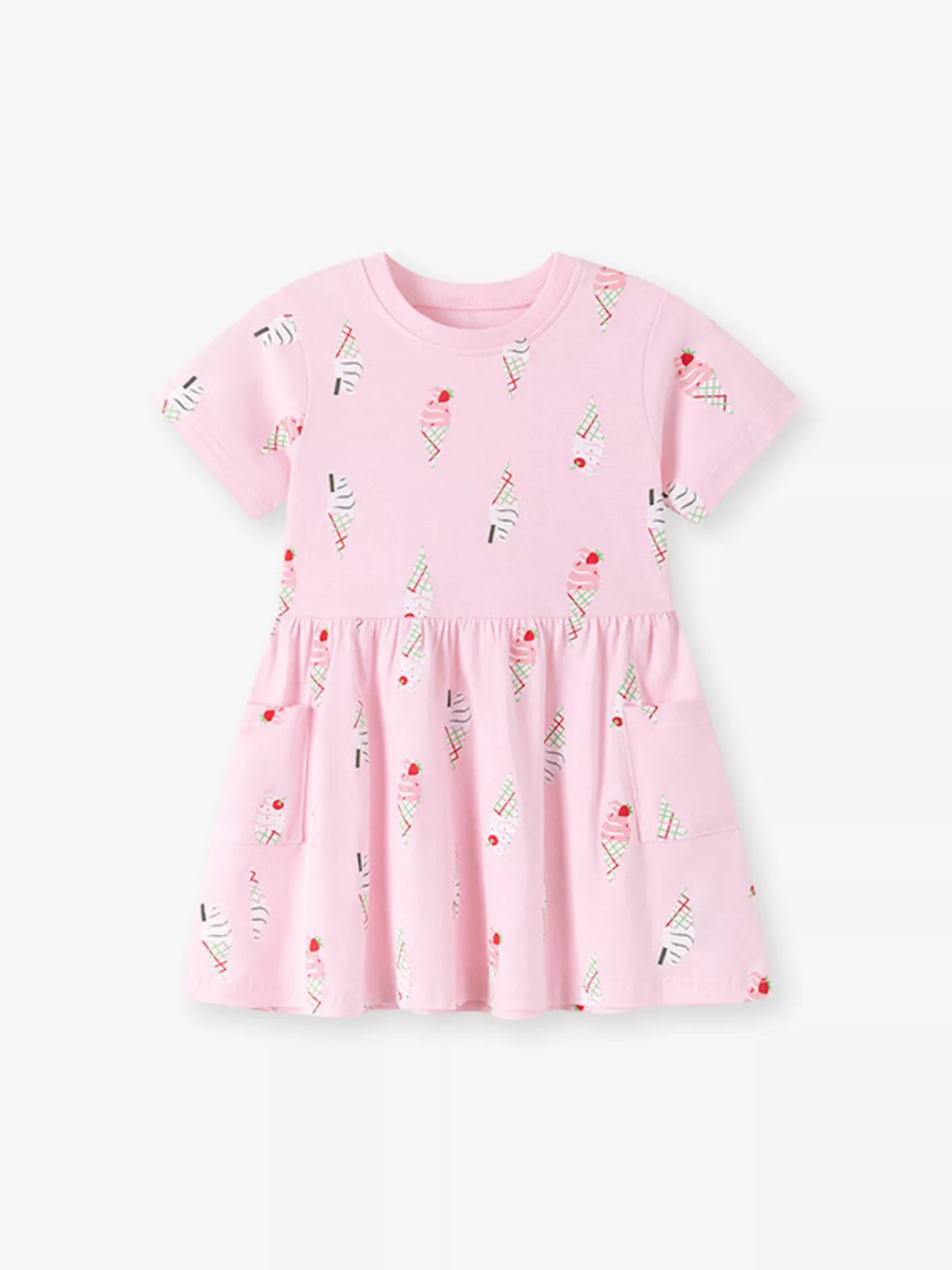 Pink ice-cream-print short-sleeve dress laid flat