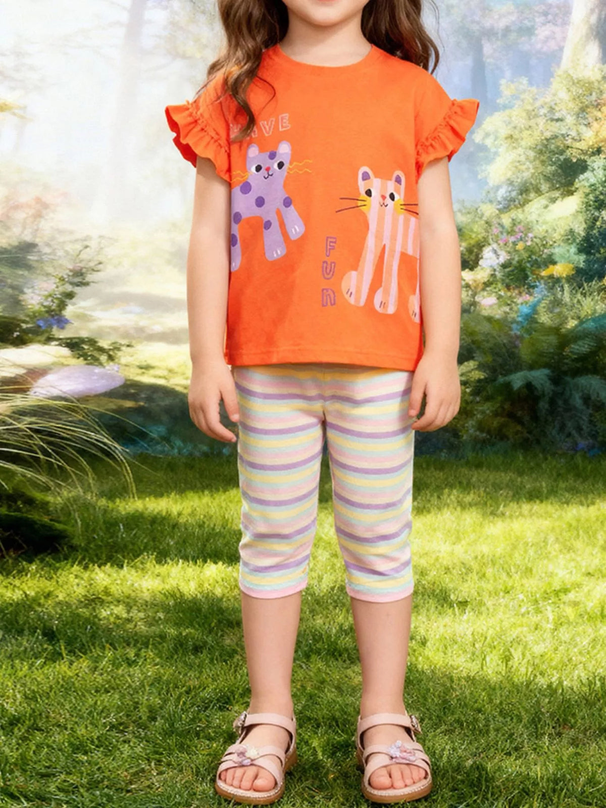 Orange cat-graphic ruffle-sleeve tee with striped capri leggings on a child