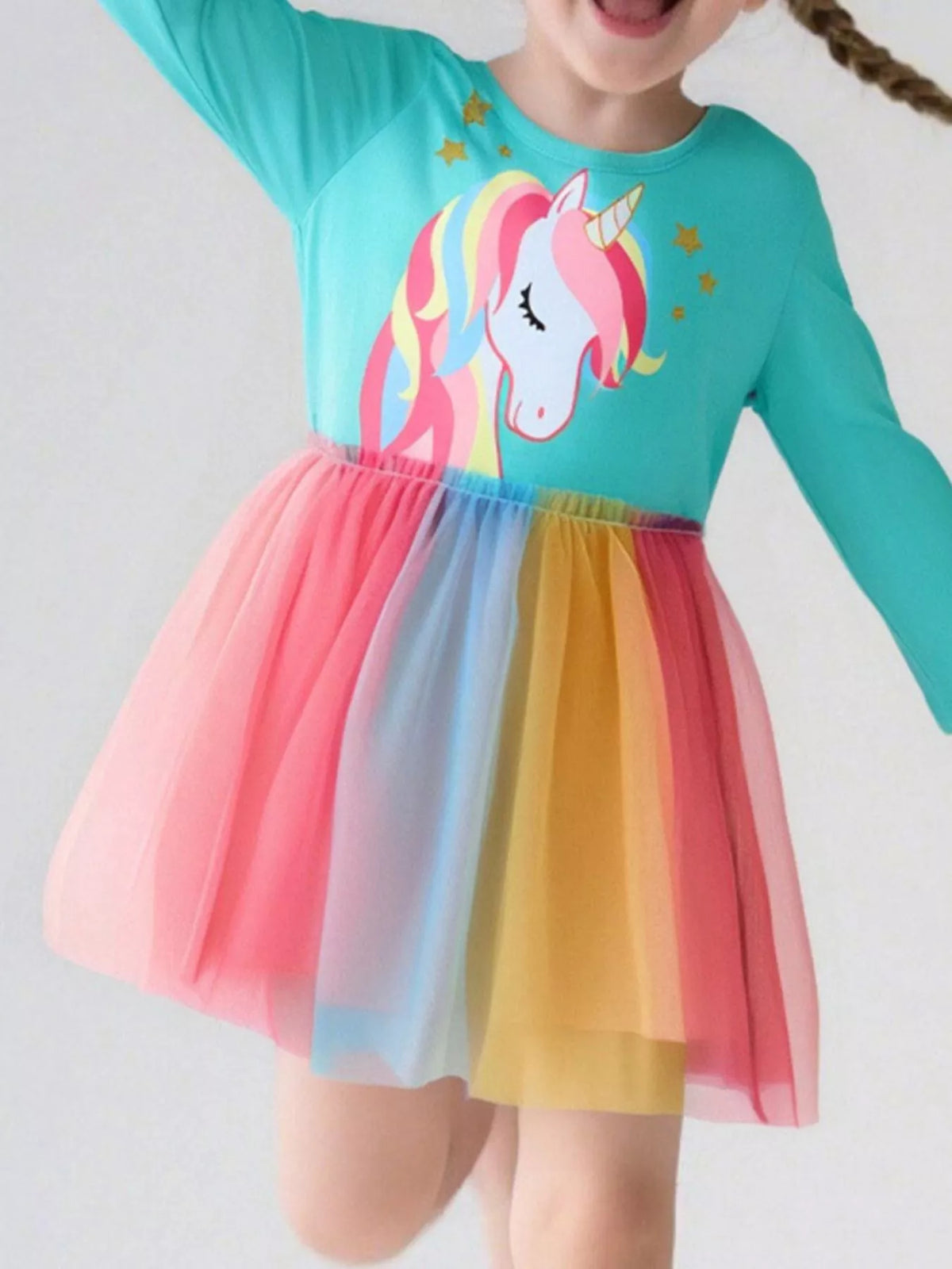 Turquoise Unicorn Rainbow Tulle Dress — dress worn by a child