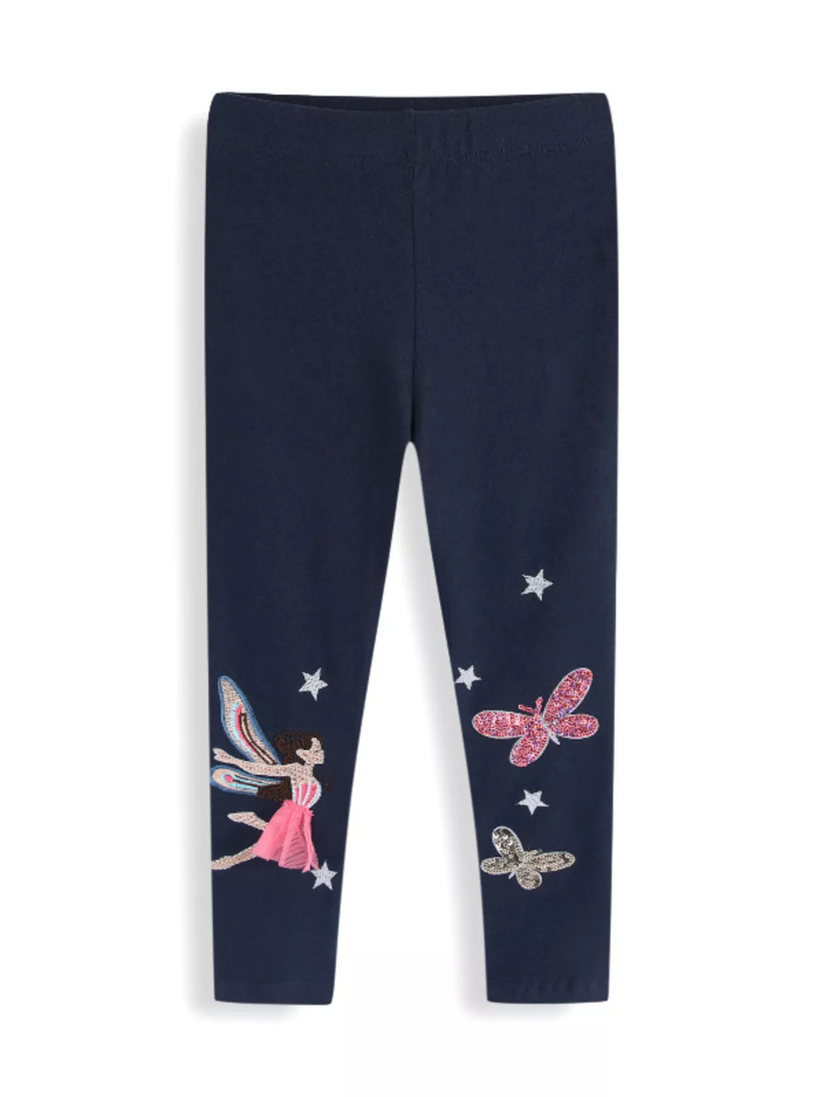 Navy fairy-and-butterfly embellished leggings laid flat