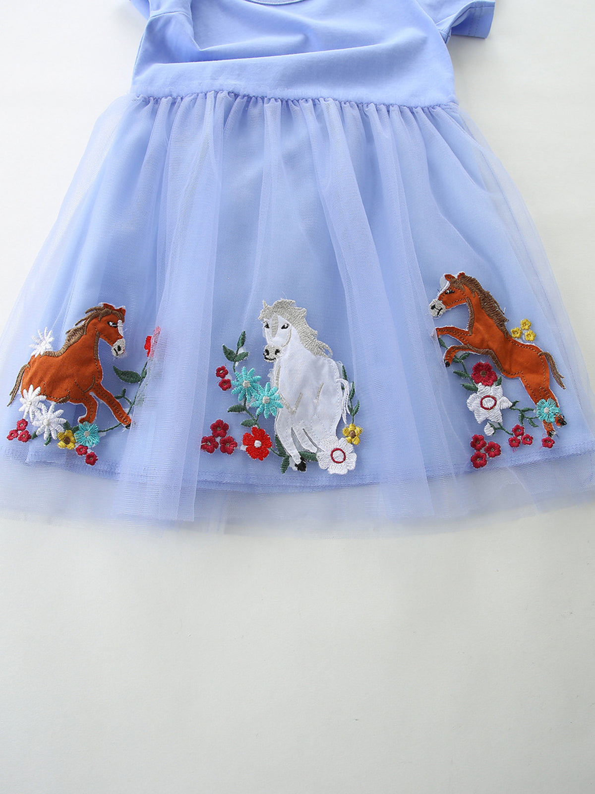 Blue Horse Embroidered Tulle Dress — horse and flower embroidery on tulle skirt