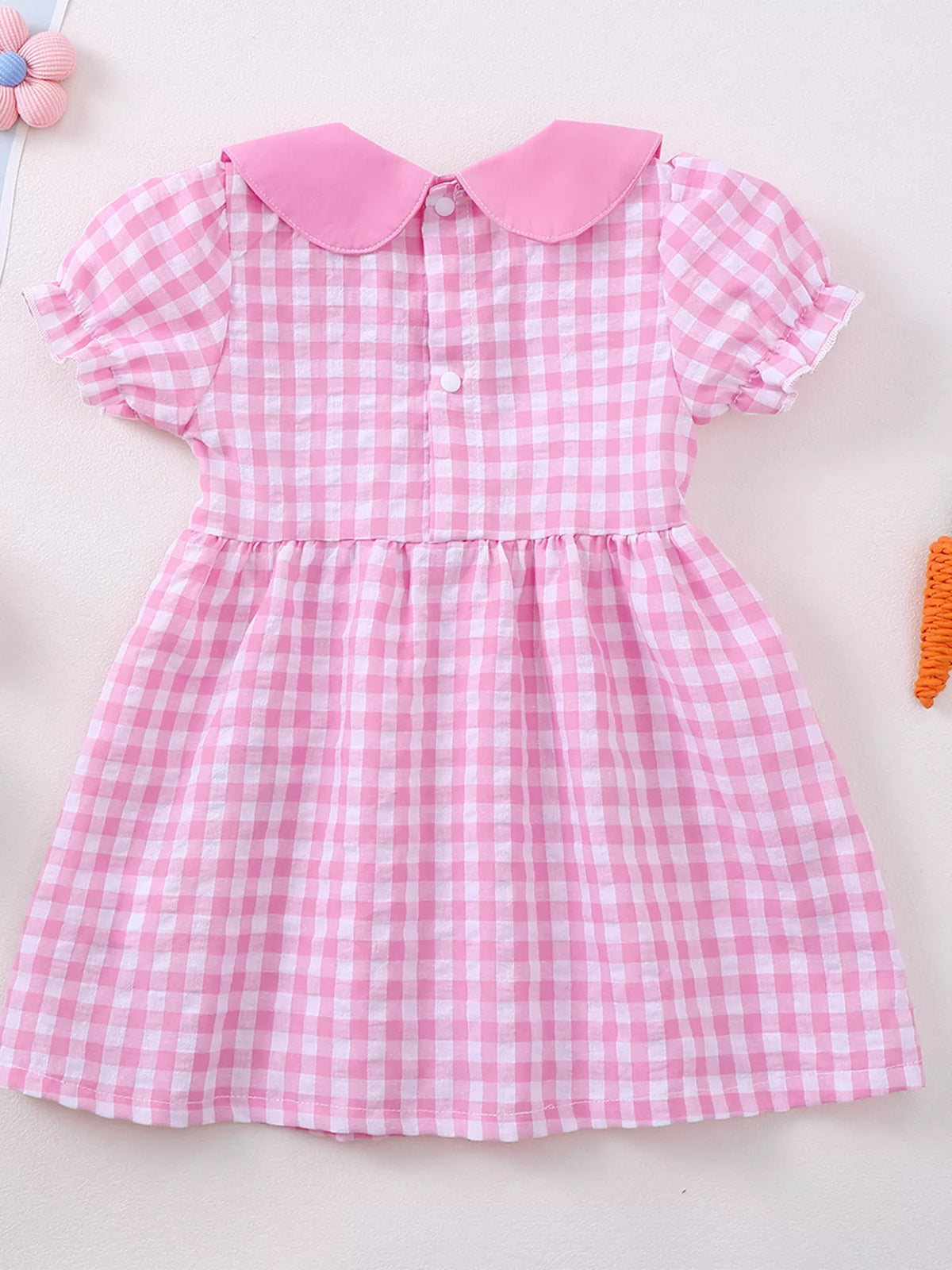 Pink gingham bunny carrot Peter Pan collar dress — dress back