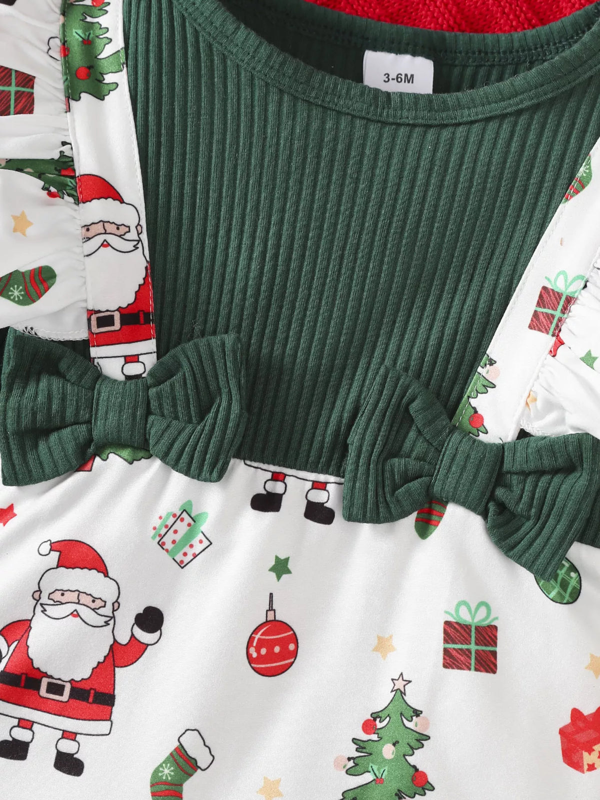 Green ribbed and Santa print jumpsuit set with bow headband — ribbed neckline and printed ruffle straps