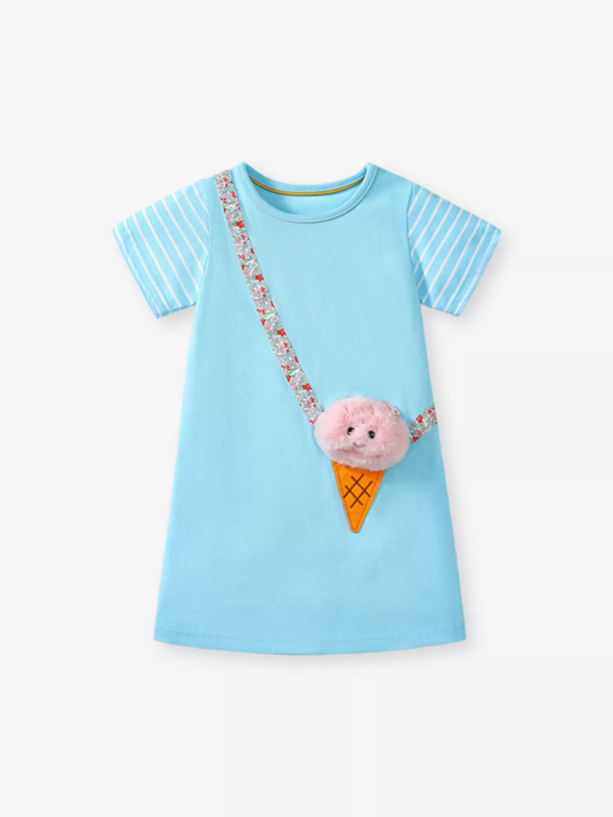 Blue short-sleeve dress with a pink ice-cream applique laid flat