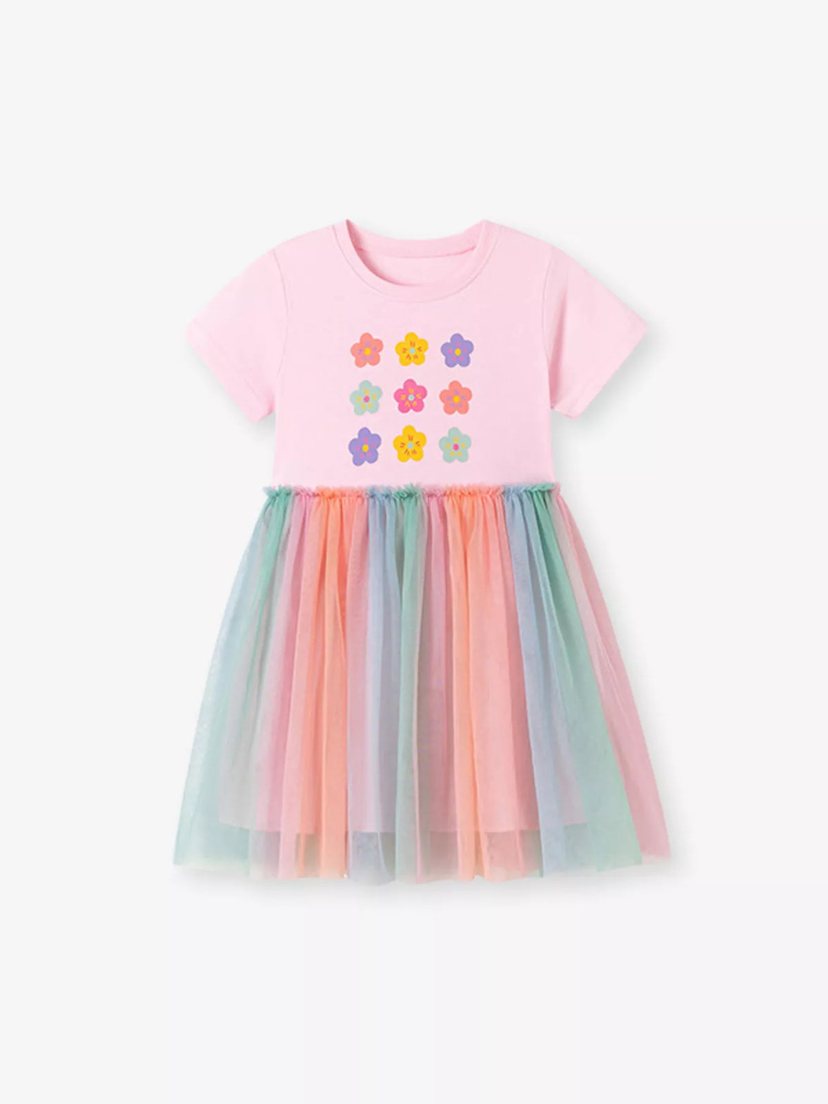 Flower Graphic Rainbow Tulle Dress — front view