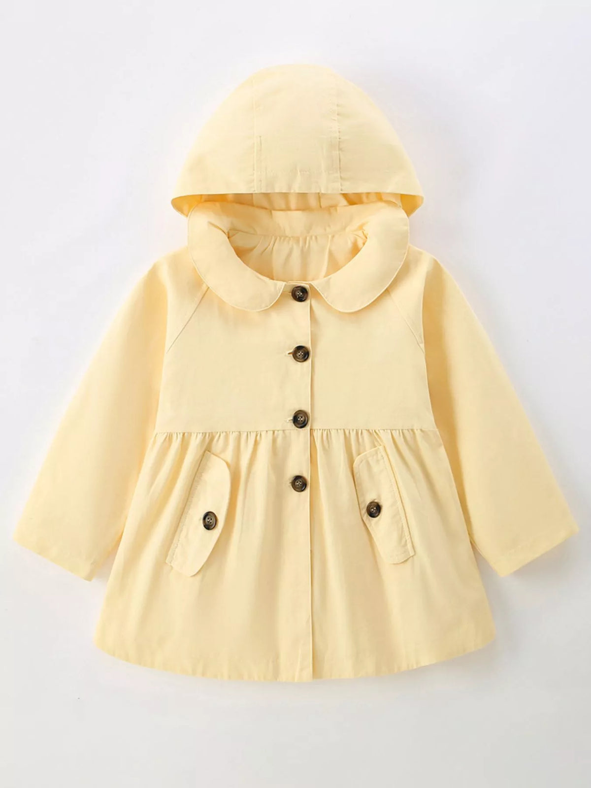 Pale yellow hooded button-front peplum coat laid flat