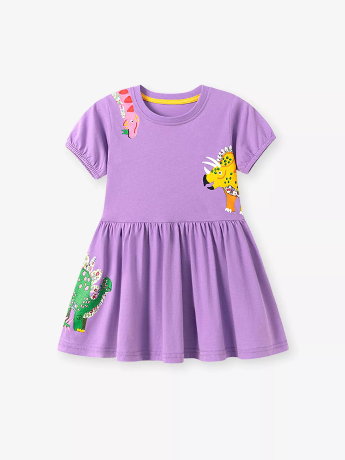 Animal Applique Short Sleeve Cotton Dress — purple dinosaur dress front