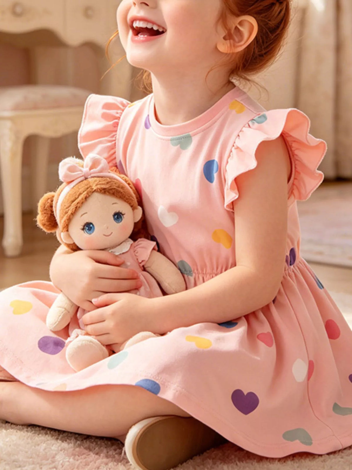 Pink multicolor heart ruffle sleeve dress — dress shown on child