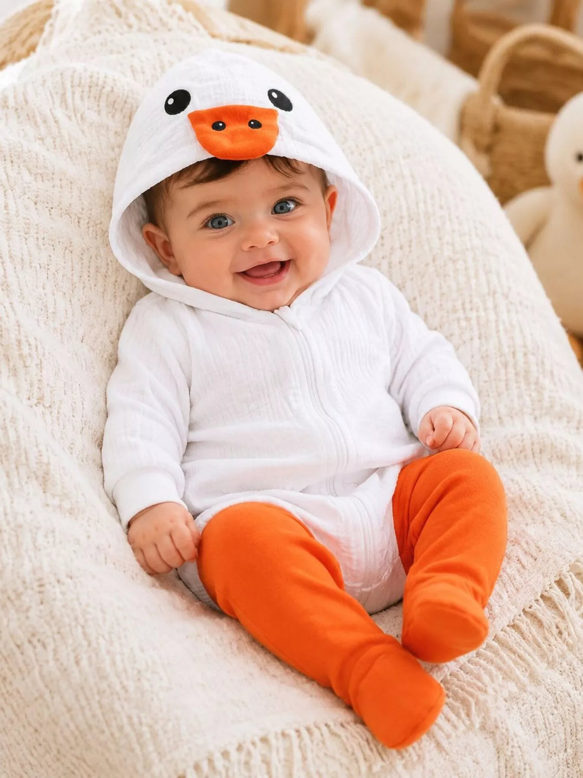 Baby Duck Hooded Bodysuit — hooded outfit worn by a baby seated