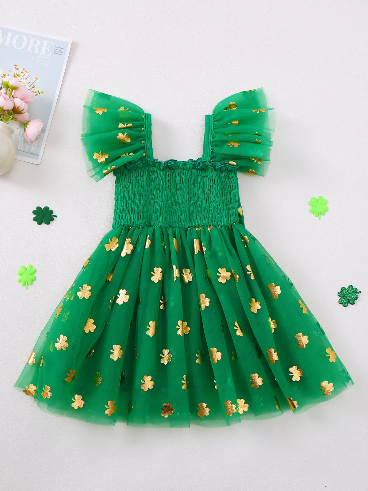 Green clover smocked tulle dress — full front laid flat