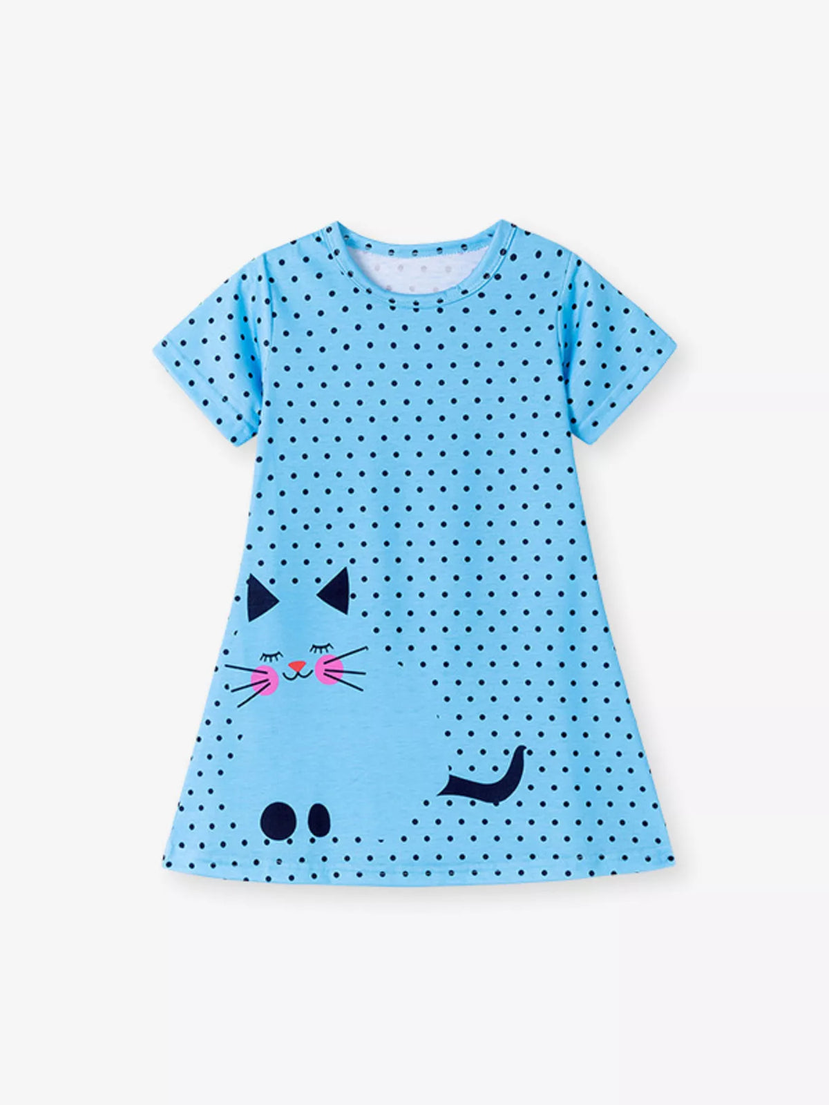 Blue polka-dot short-sleeve cat dress laid flat