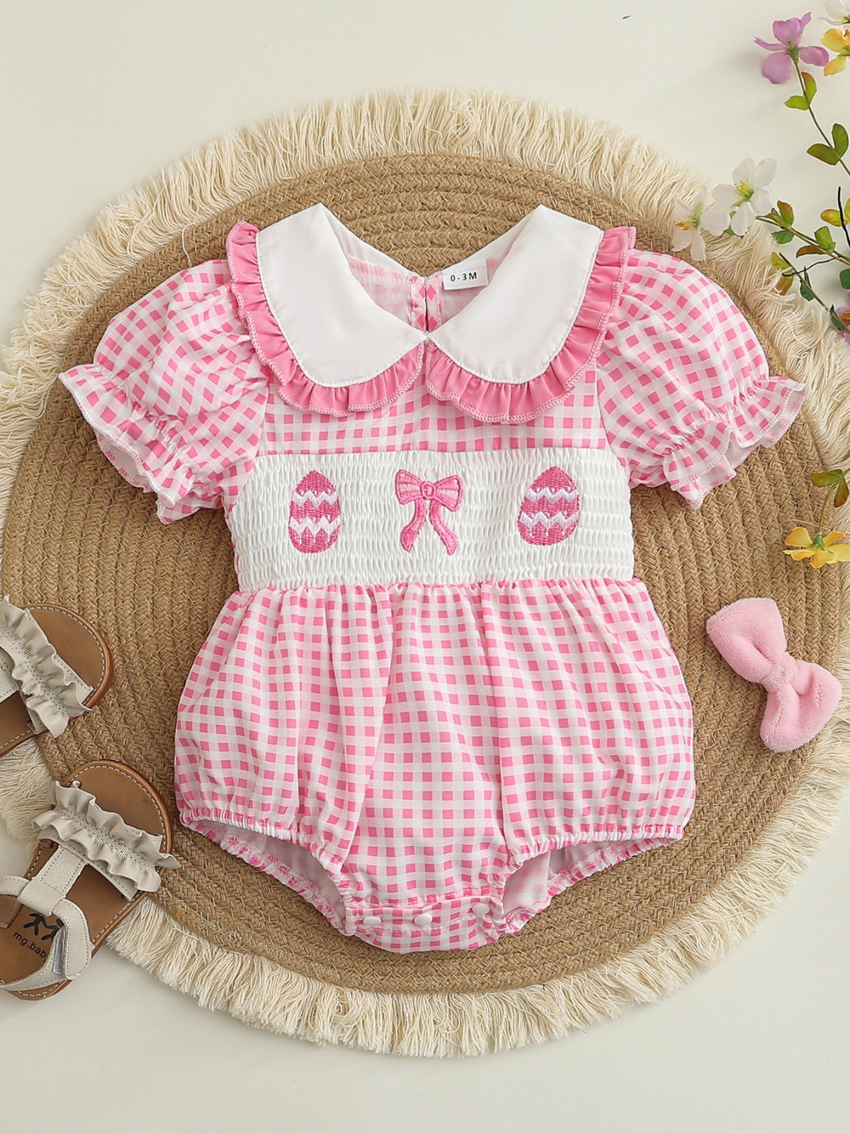 Baby Gingham Embroidered Romper — front flat lay