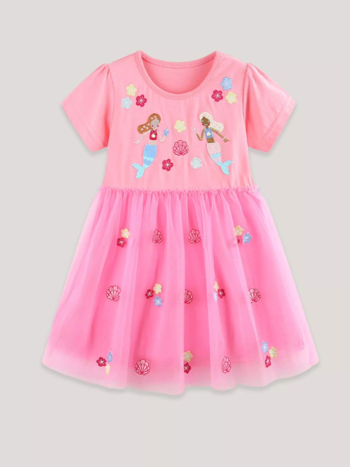 Pink Mermaid Embroidered Tulle Dress — front view