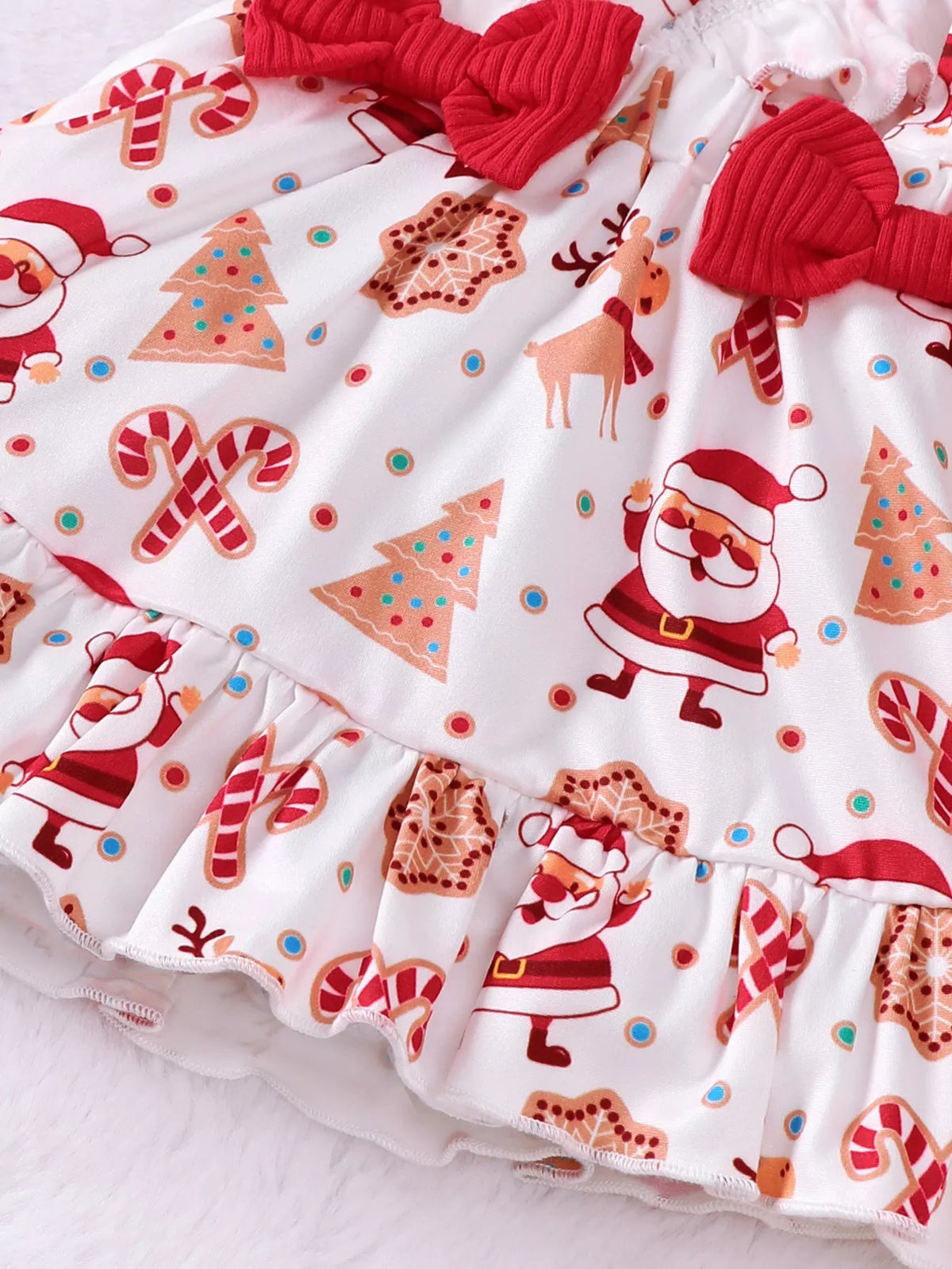Red ribbed bodysuit Santa suspender skirt and headband — santa print skirt and red bows