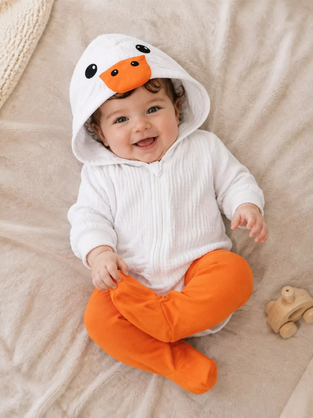 Baby Duck Hooded Bodysuit — hooded outfit worn by a baby front view