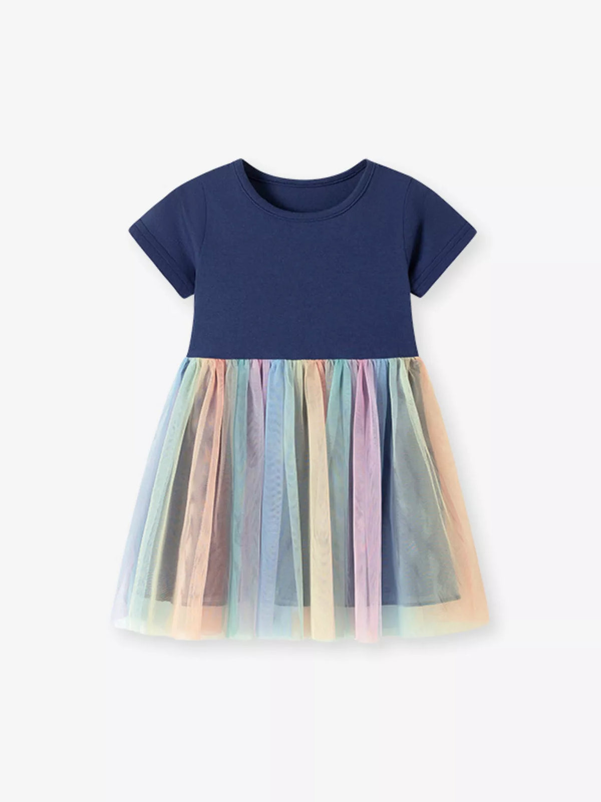 Navy short-sleeve dress with a rainbow tulle skirt laid flat