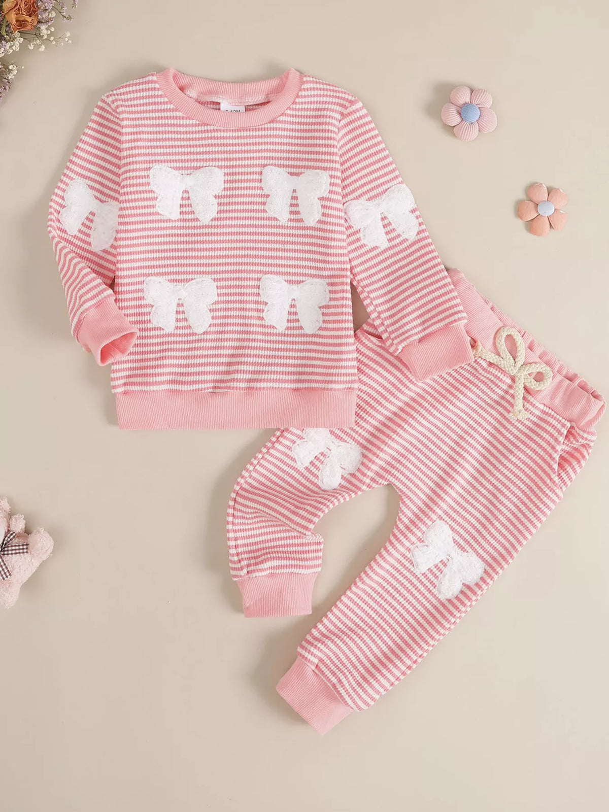 Pink striped white bow patch top and pants — outfit front