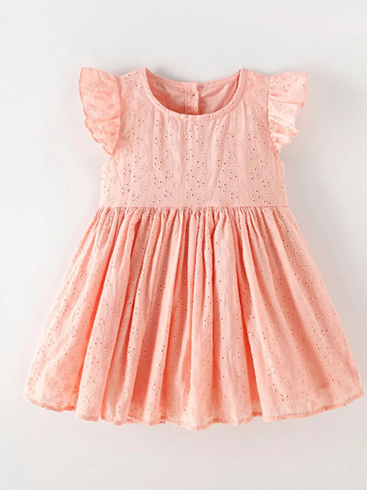 Peach eyelet flutter-sleeve dress with a gathered skirt laid flat