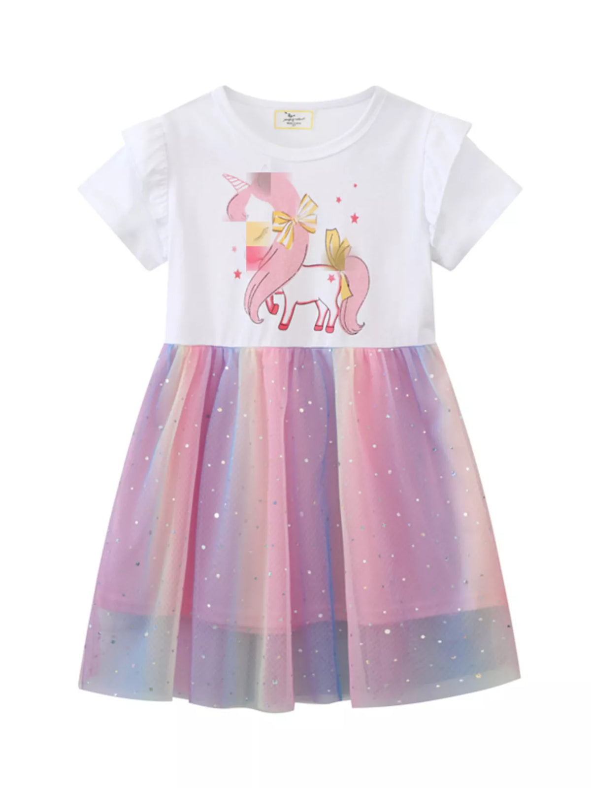 Pink Unicorn Graphic Rainbow Tulle Dress — front view