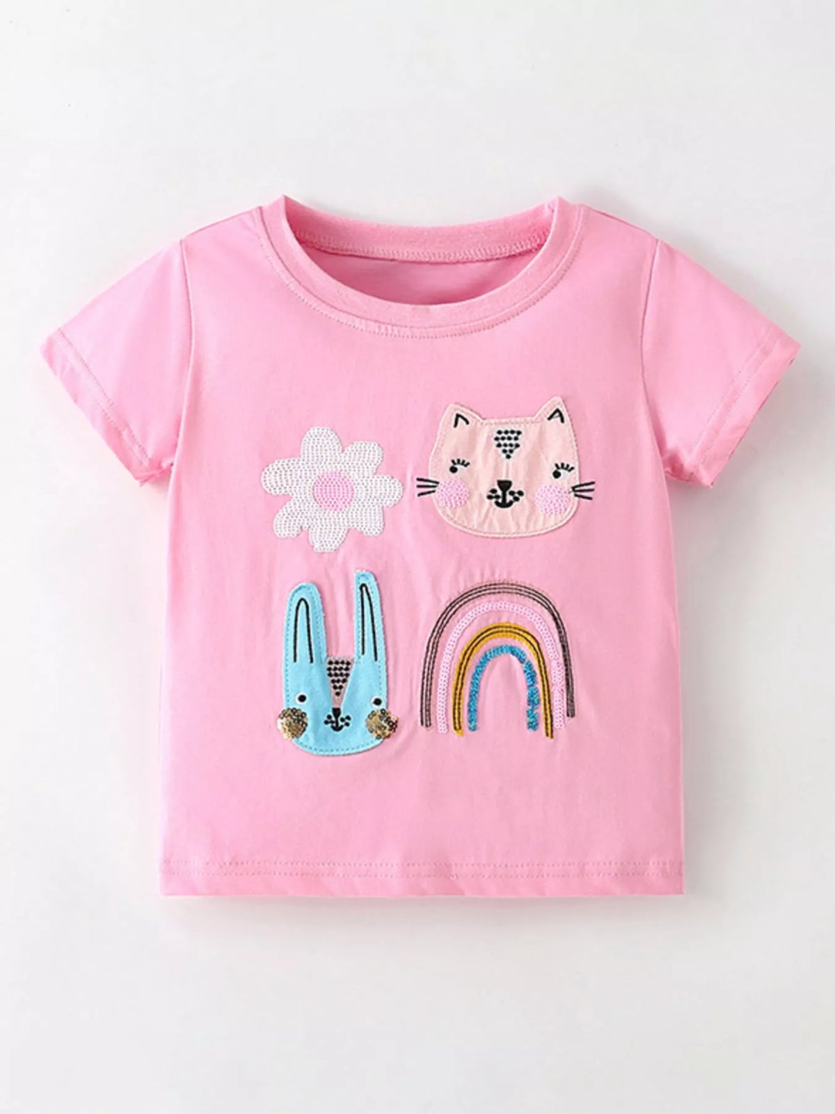 Pink cat bunny rainbow applique shirt — front