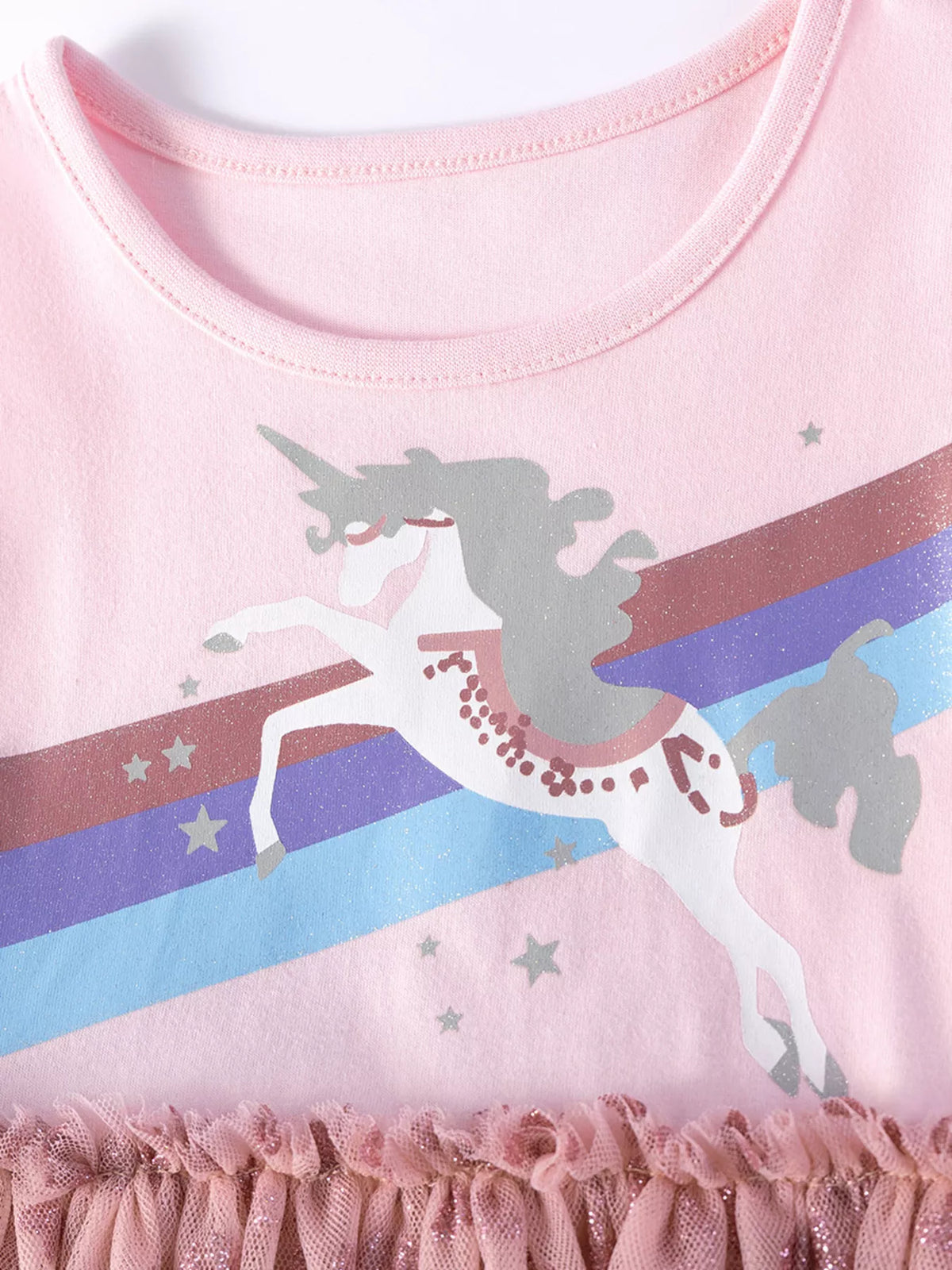 White unicorn over rainbow stripes