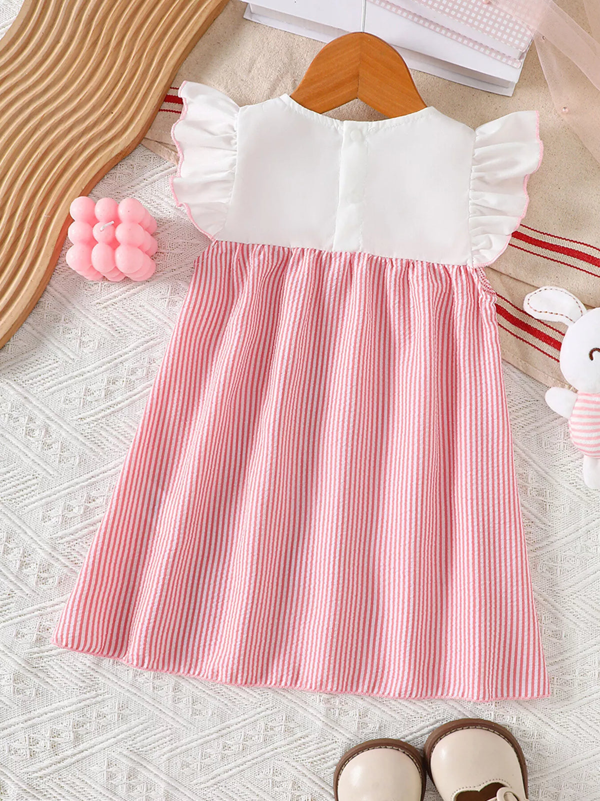 Baby Embroidered Yoke Striped Dress — pink dress back