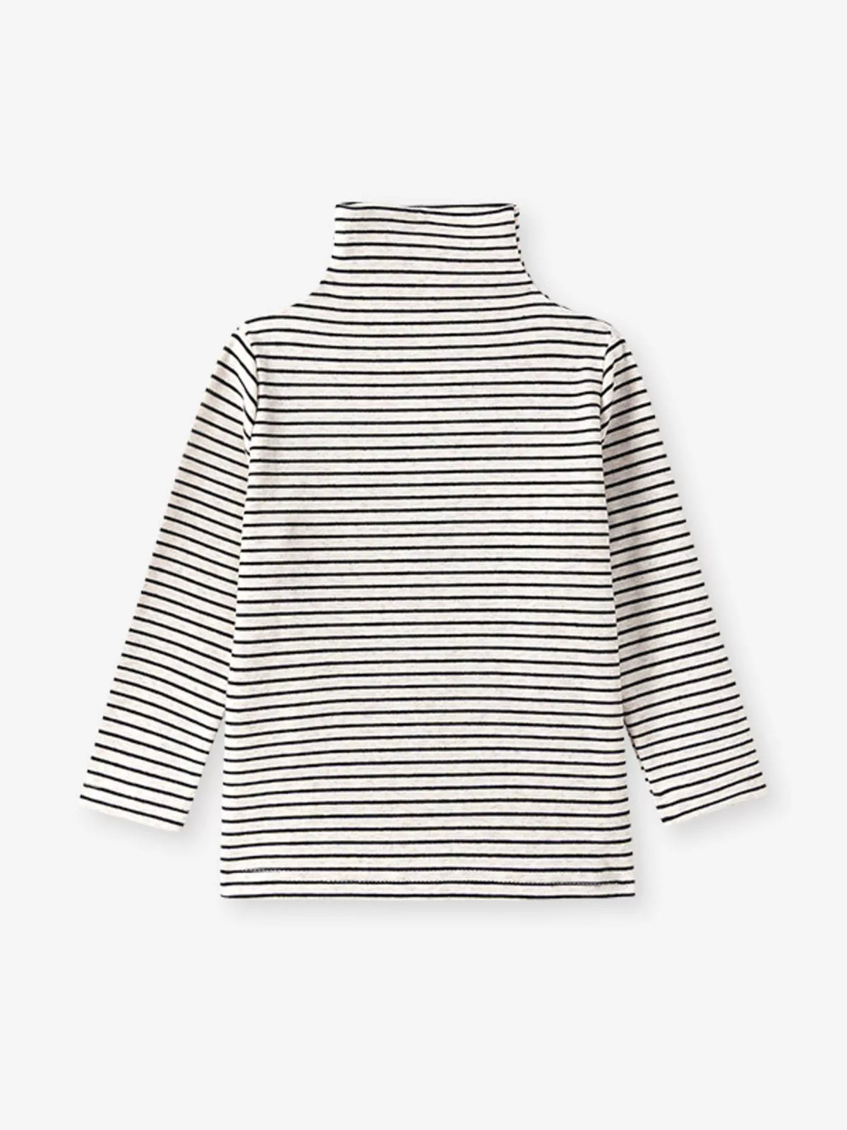 Black-and-white striped long-sleeve turtleneck top laid flat