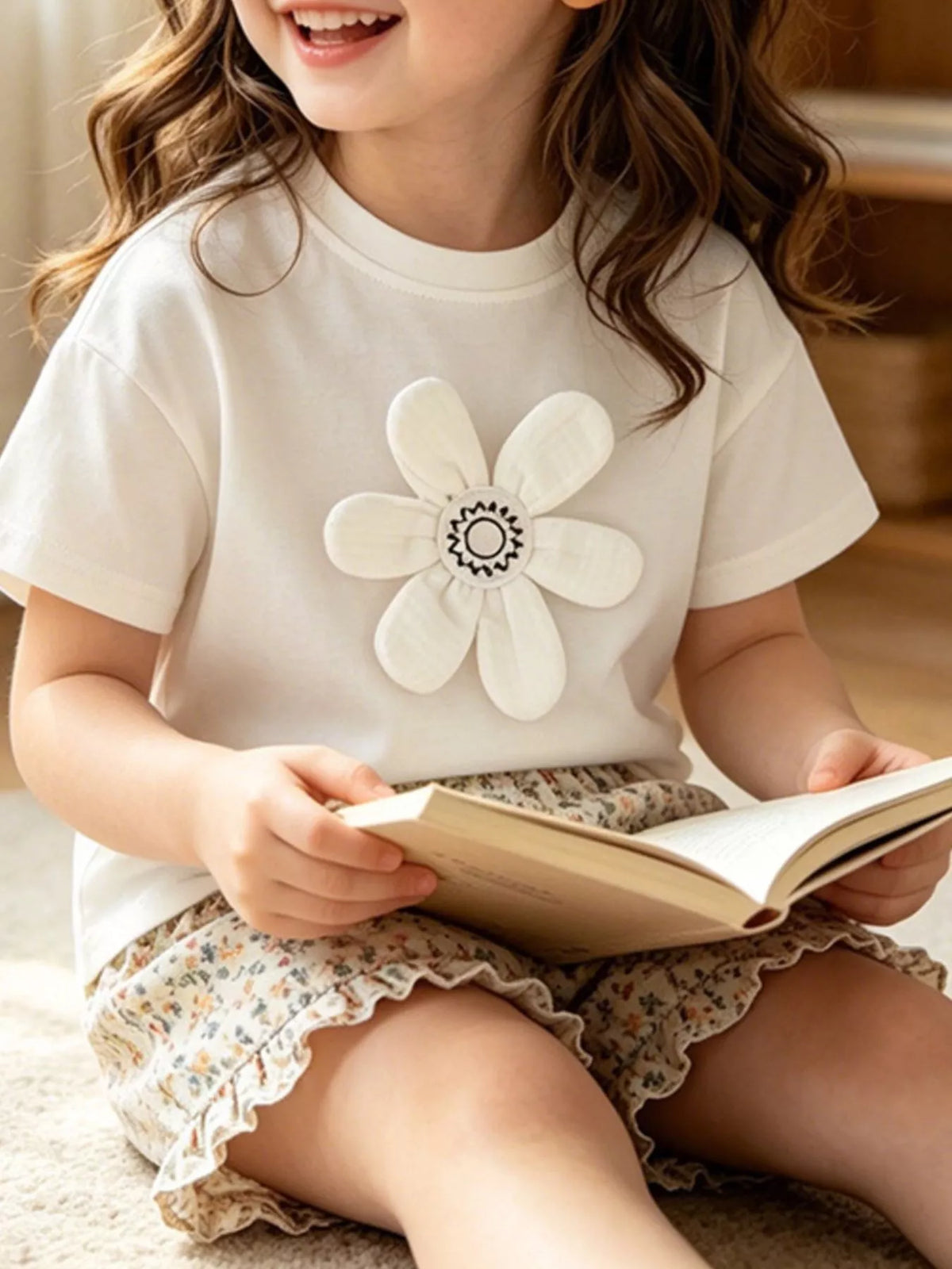 White dimensional flower applique shirt — shirt shown on child
