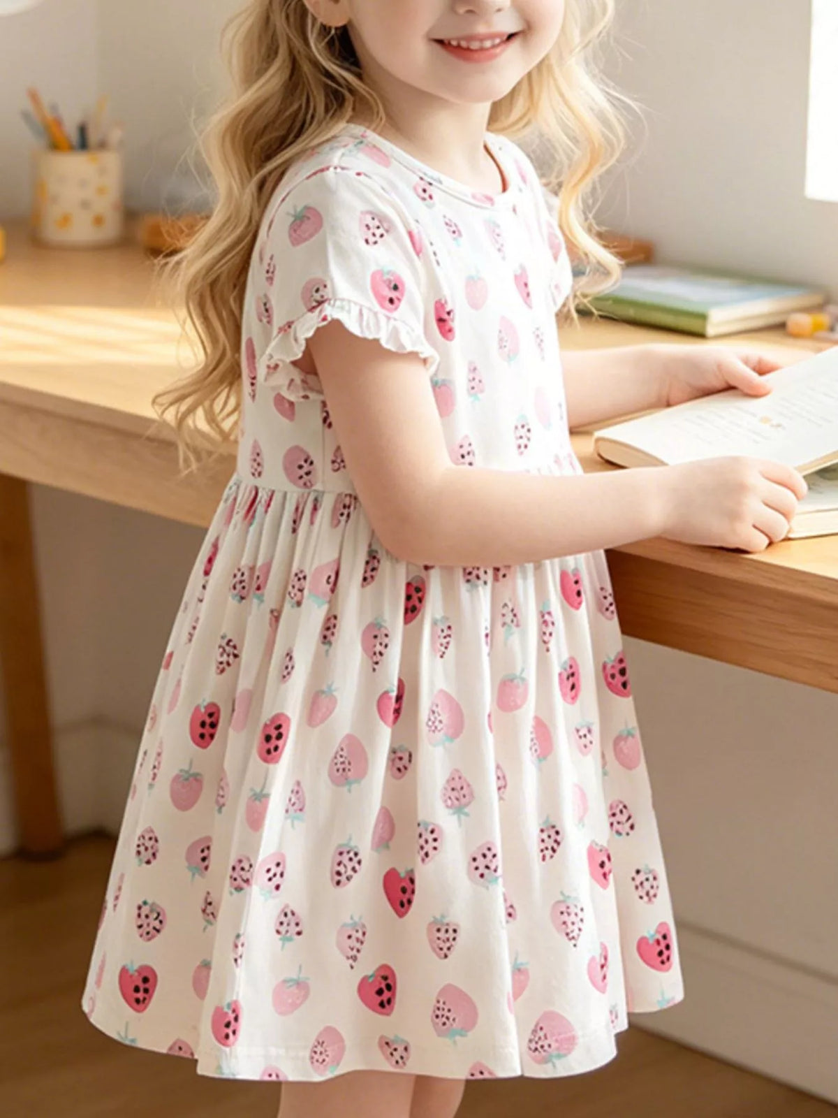 Cream strawberry print ruffle sleeve dress — dress shown on child