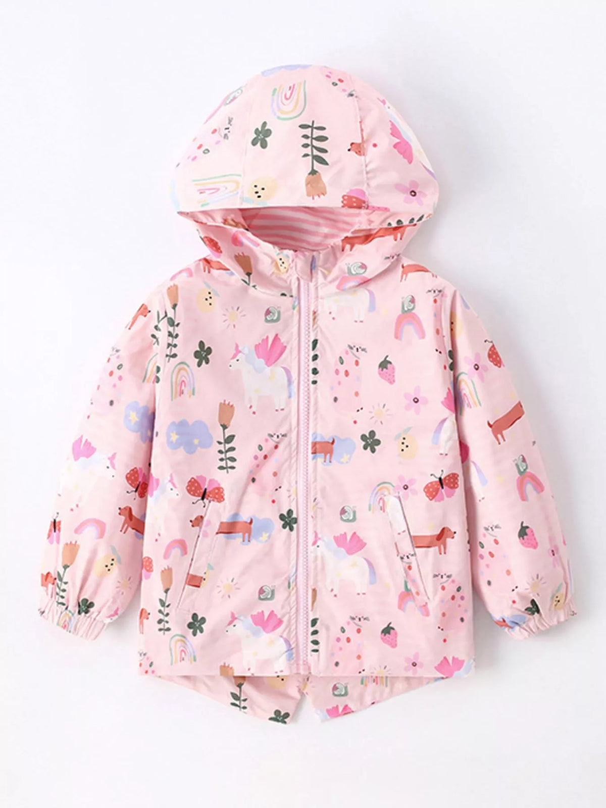 Pink unicorn-and-flower hooded zip jacket laid flat