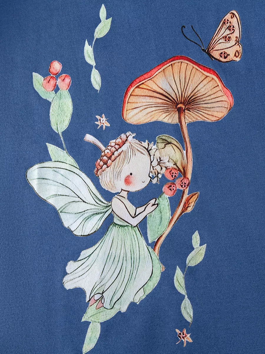 Striped Fairy Graphic Cotton Dress — fairy and mushroom graphic