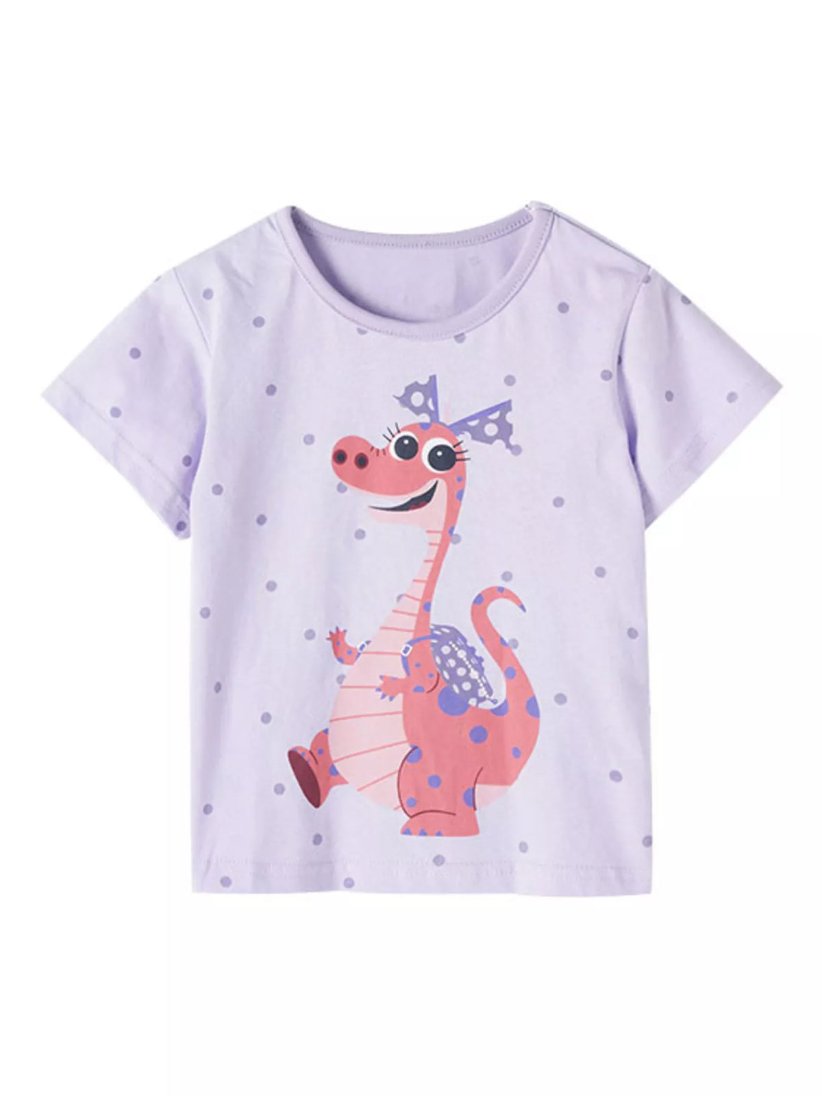 Lavender polka dot dinosaur graphic shirt — front