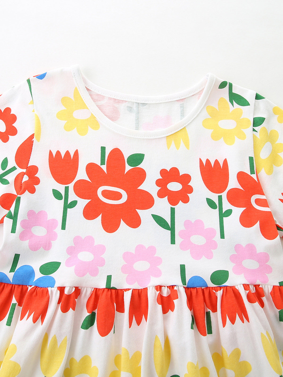 Colorful Floral Print Cotton Dress — round neckline