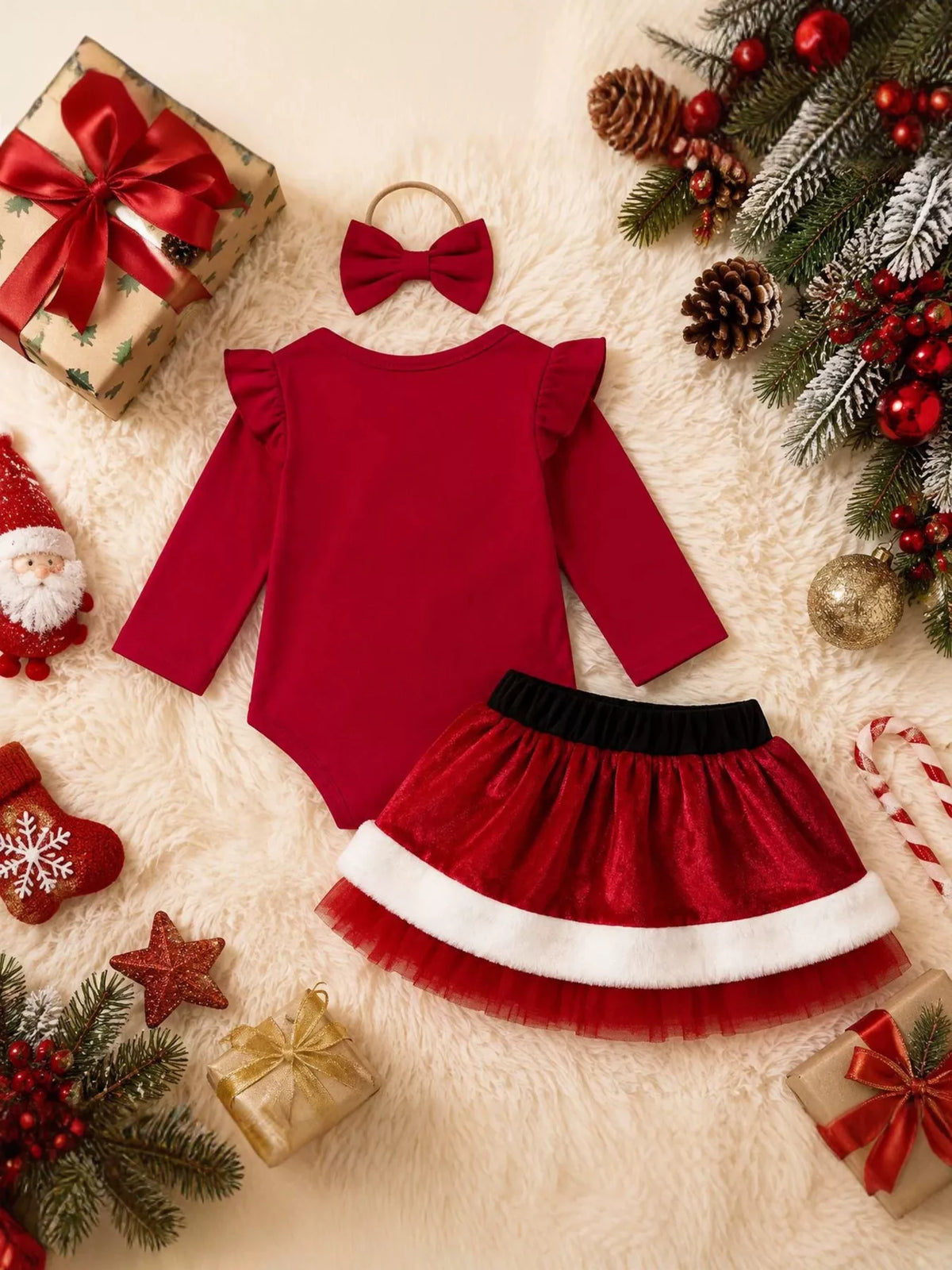 Back of the red bodysuit and skirt with headband