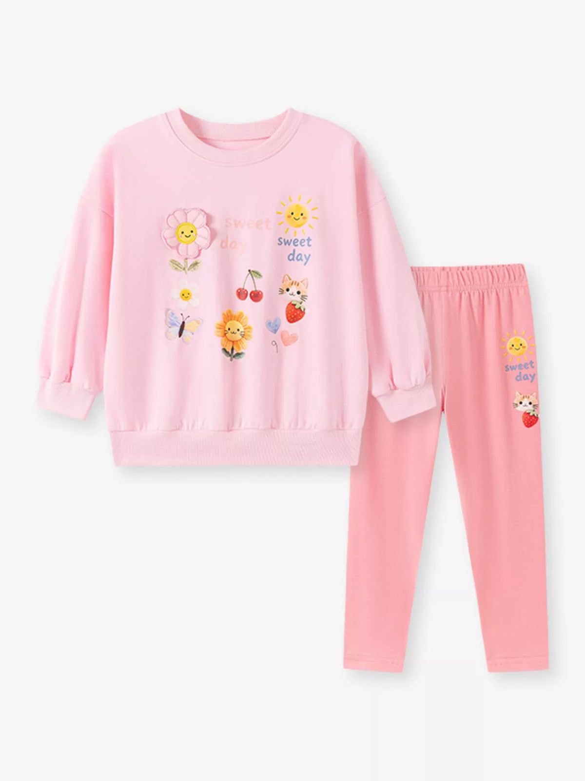 Pink Sweet Day graphic sweatshirt with pink leggings laid flat