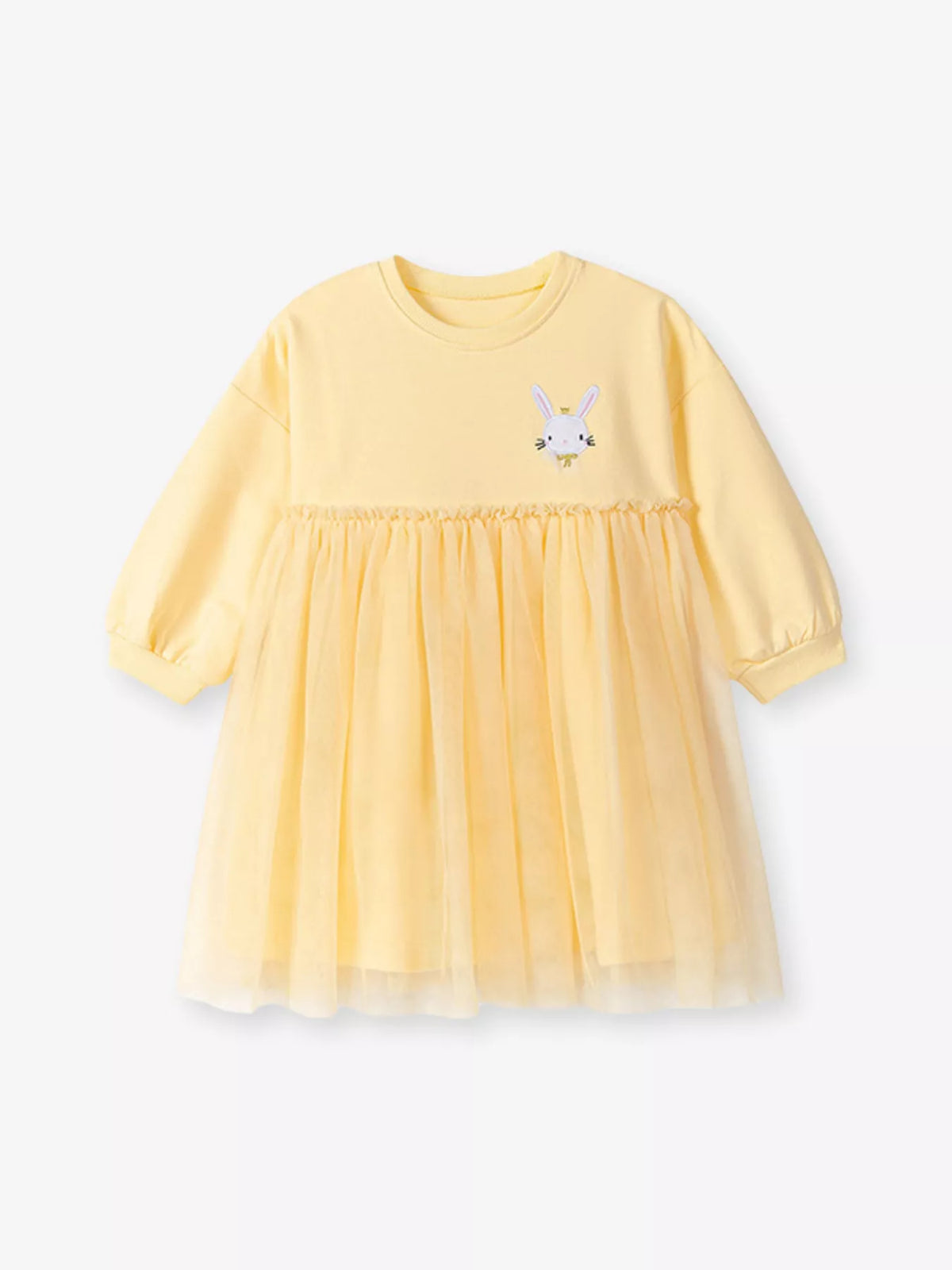 Yellow Rabbit Long Sleeve Tulle Dress — front flat lay