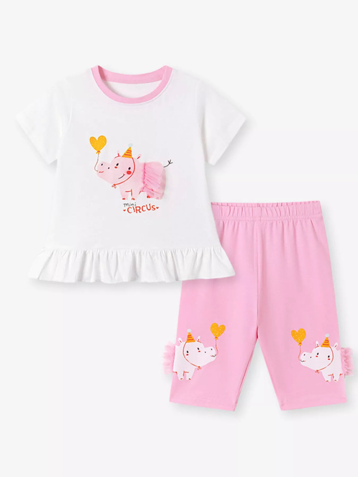 White ruffle-hem circus tee with pink capri leggings laid flat