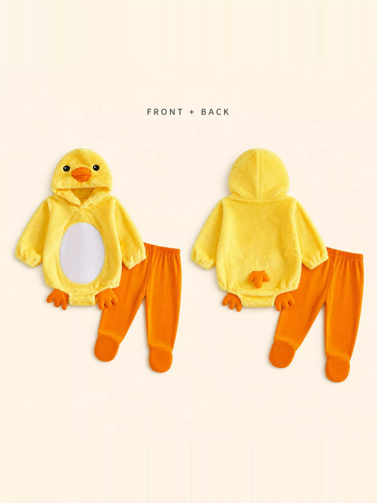Front and back views of the yellow duck bodysuit and orange pants