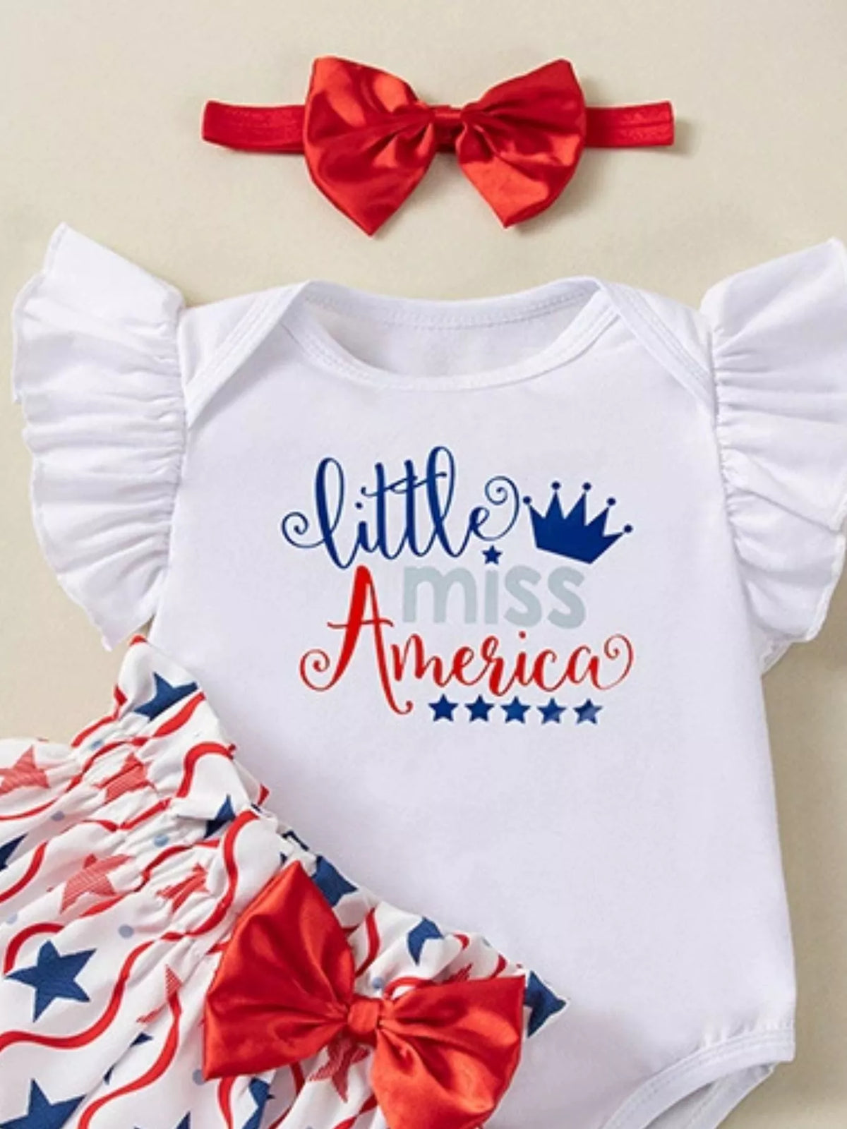 Baby Fourth of July Three-Piece Outfit Set — Little Miss America lettering