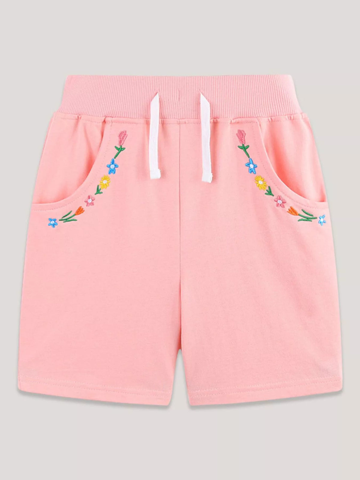 Pink Floral Embroidered Drawstring Shorts — front view