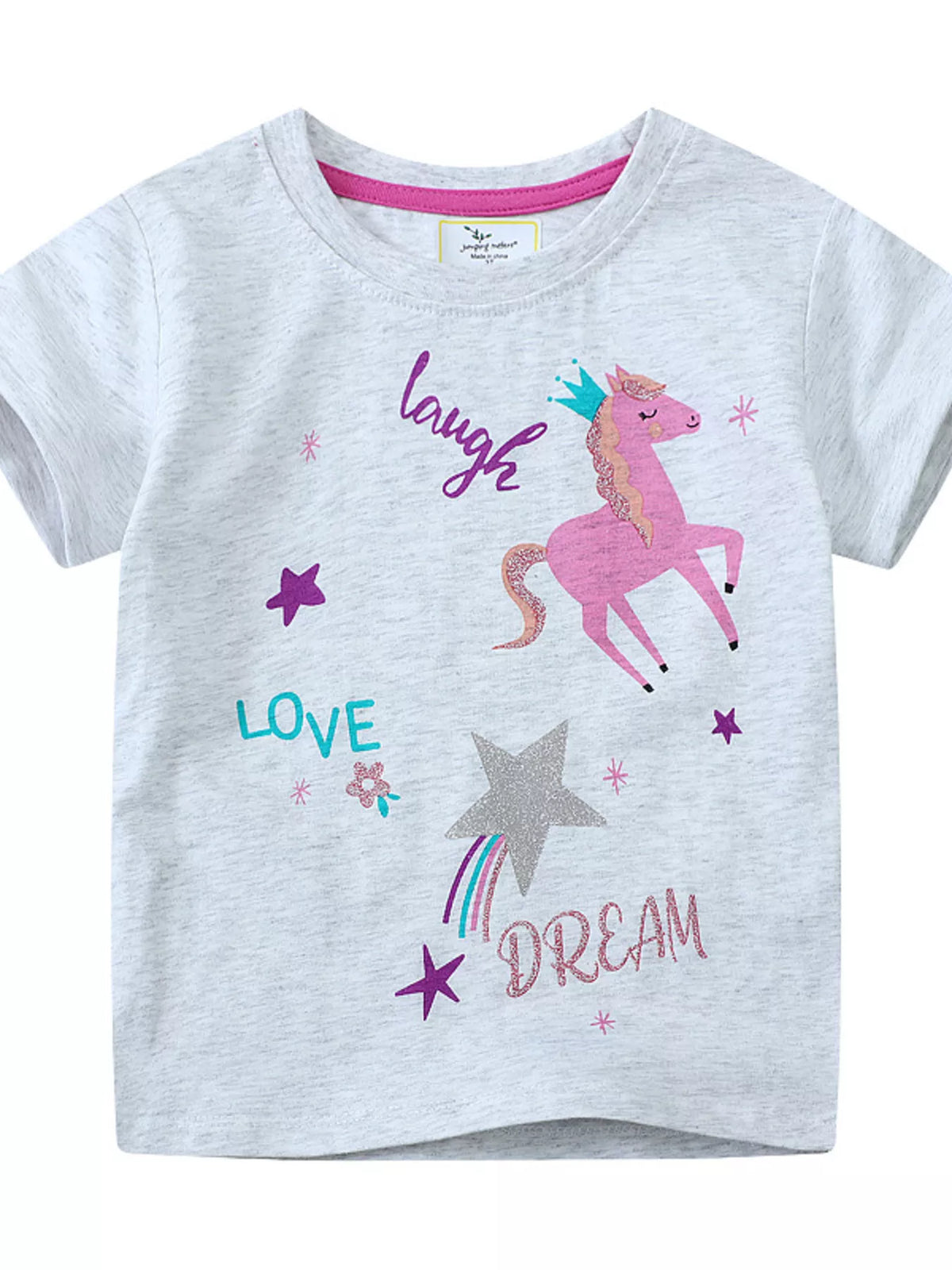 Gray unicorn and lettering graphic shirt — front