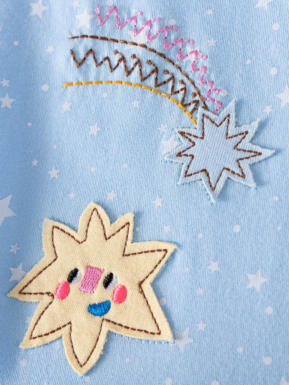 Blue Unicorn and Star Embroidered Dress — shooting star embroidery detail