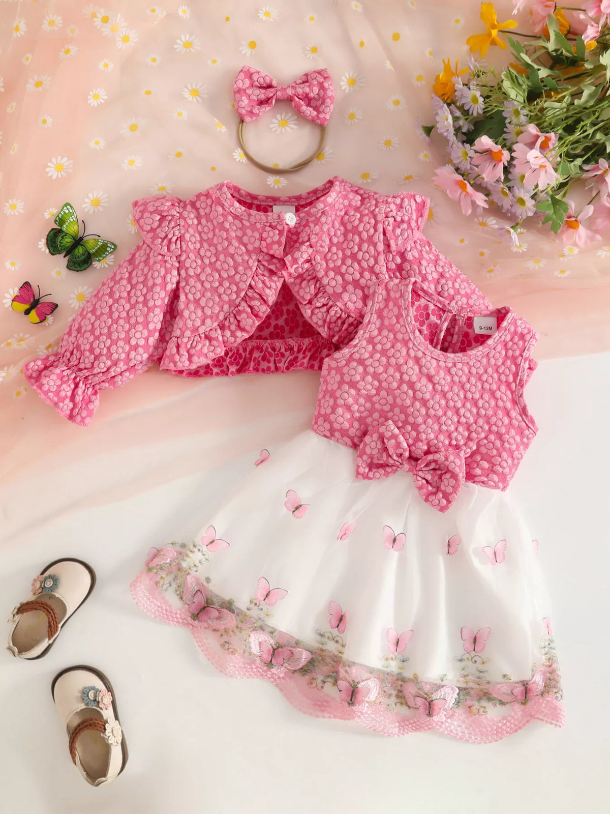 Floral butterfly dress cardigan and headband set — deep pink outfit separated