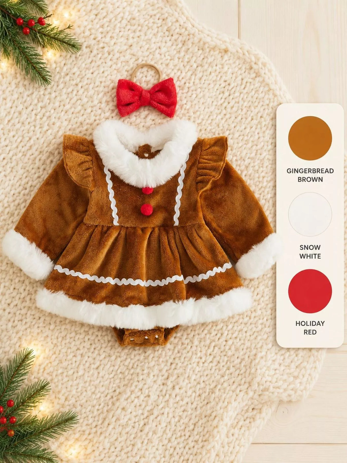 Outfit and headband laid flat beside a color palette