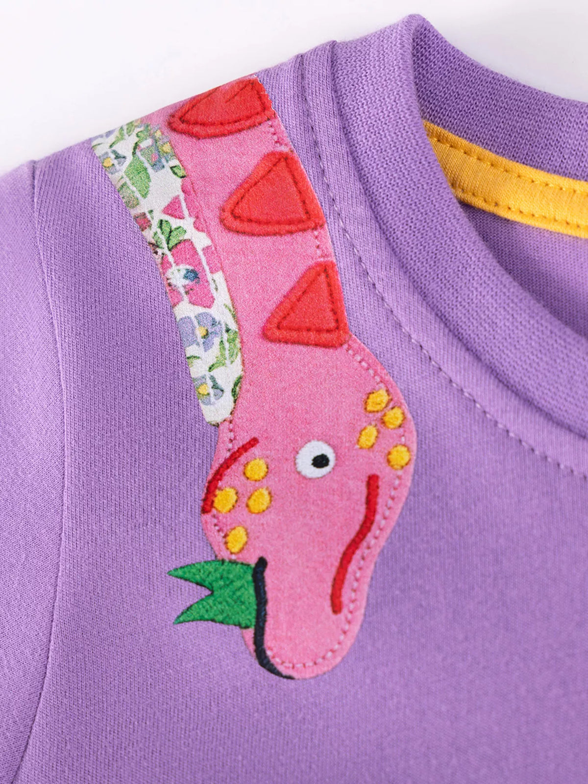 Animal Applique Short Sleeve Cotton Dress — pink dinosaur applique