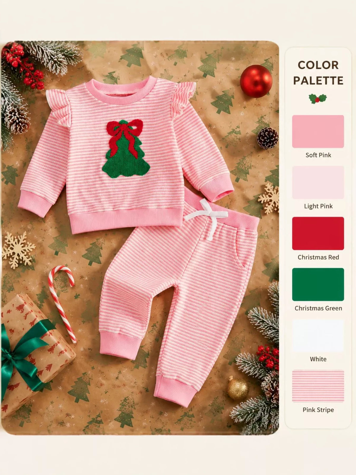 Outfit laid flat beside a color palette