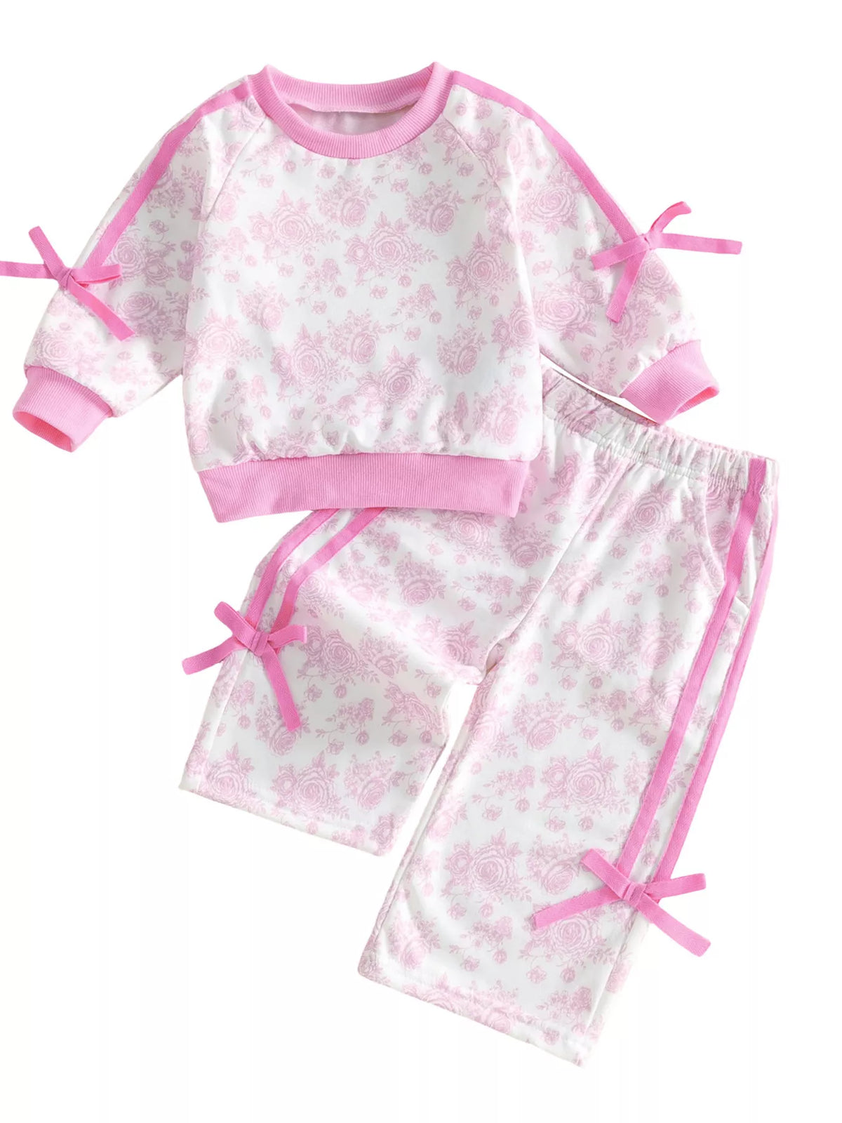 Pink floral top and pants laid flat