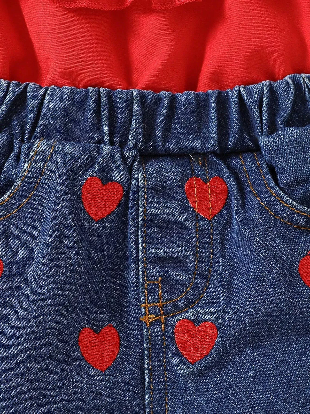 Ruffle cold shoulder top heart denim shorts and headband — red heart denim shorts waistband