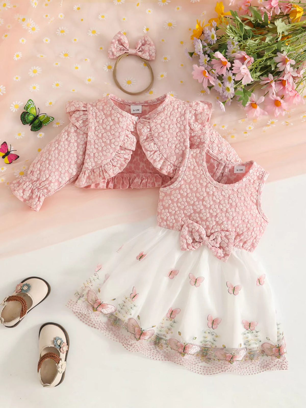 Floral butterfly dress cardigan and headband set — pink outfit separated